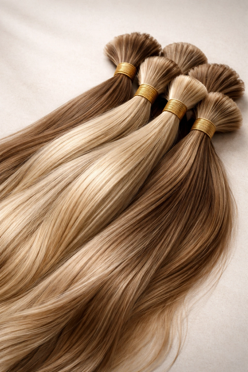 Bundle of Slavic hair in natural light brown to ash-blonde tones on neutral backdrop