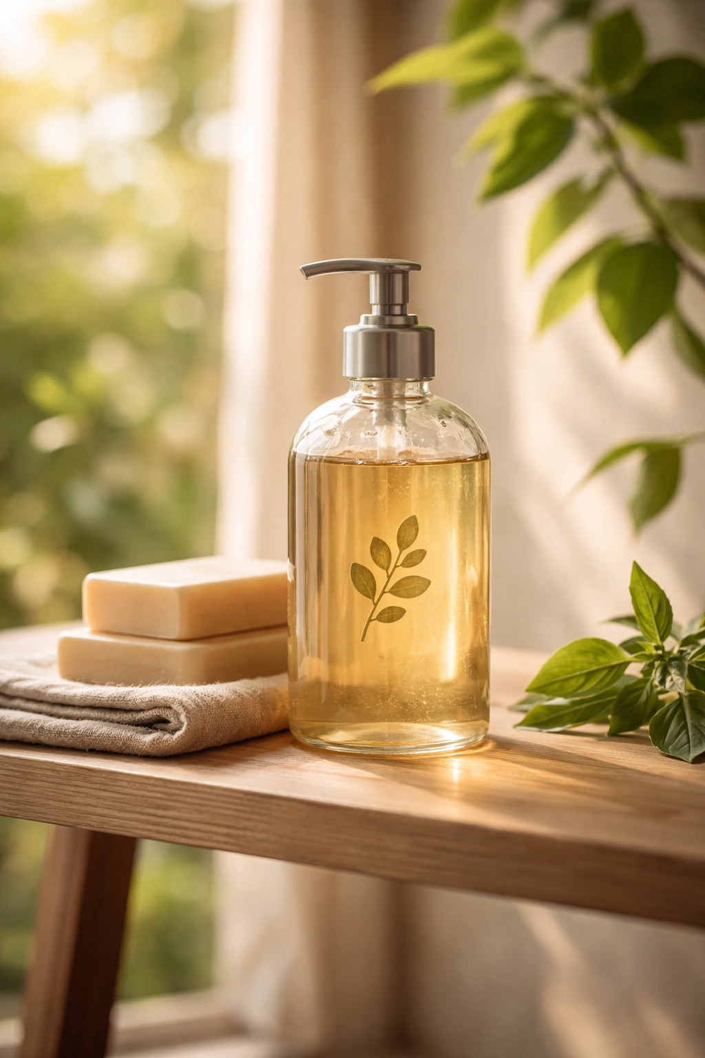 Label-free glass soap bottle on a wooden shelf in warm light
