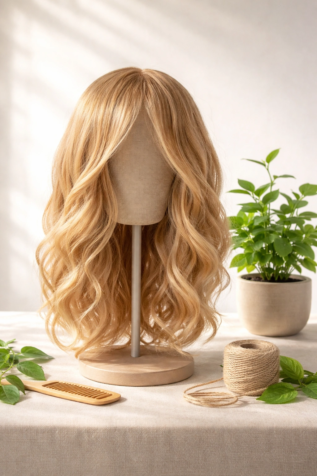 Wig with plant-based fiber beside a green plant to imply eco-friendly materials