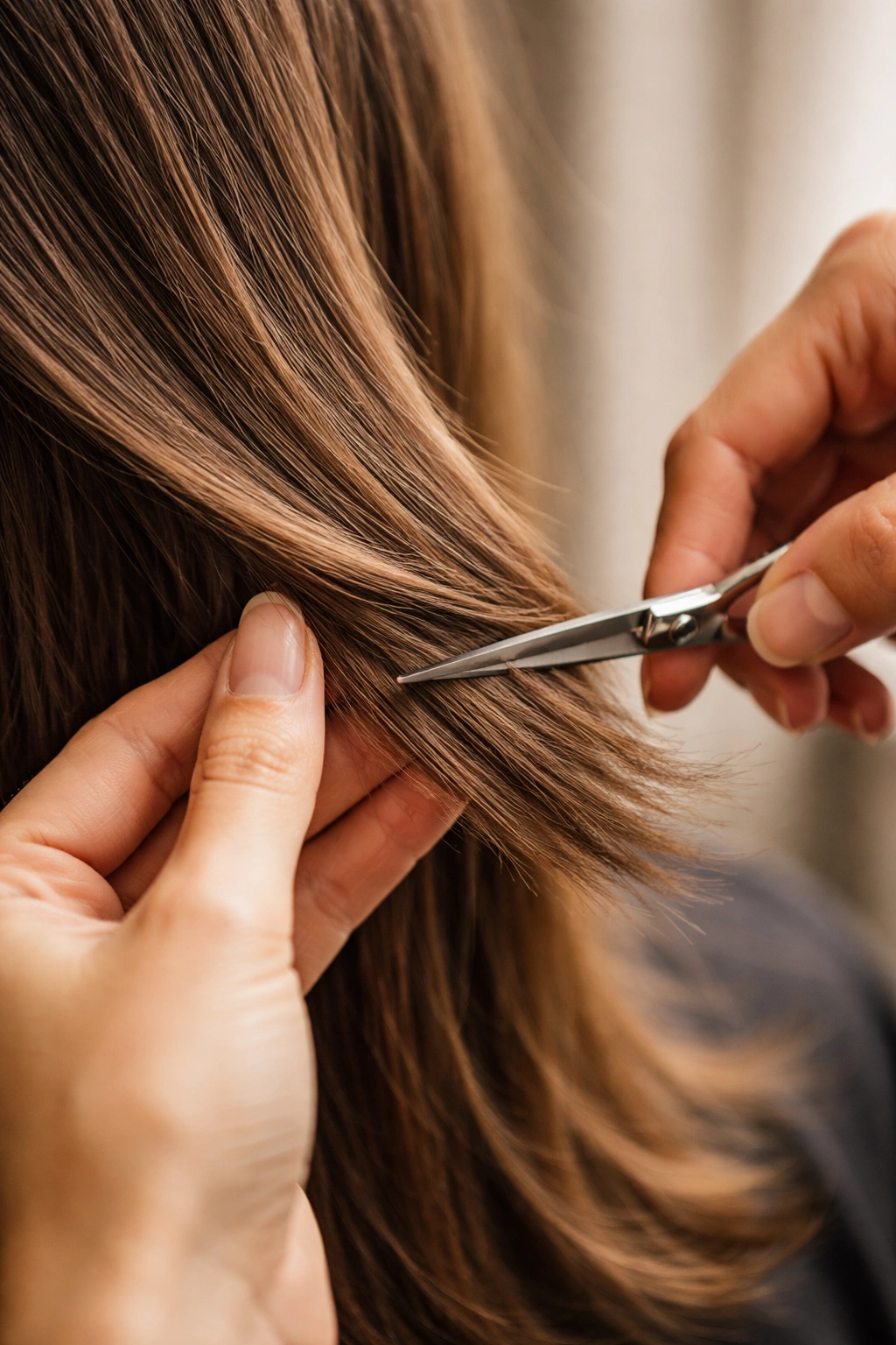A Step By Step Guide To Trimming Your Own Hair 9 Close-up of hair blending with diagonal cuts to smooth edges