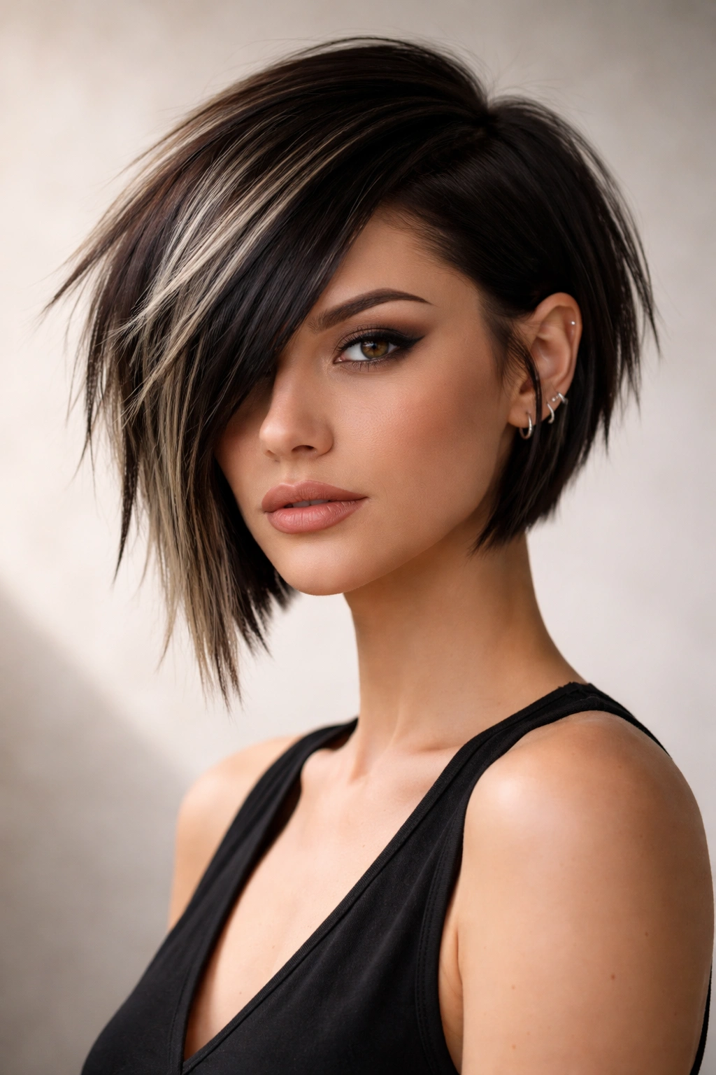 12 Edgy Bob Cuts For Women Who Love Bold Hair 13 Portrait of a woman with a bold edgy bob under studio lighting, hair highlighted for texture