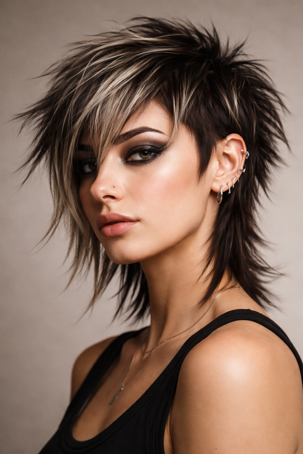 Close-up portrait of a person with an edgy haircut in a minimalist studio