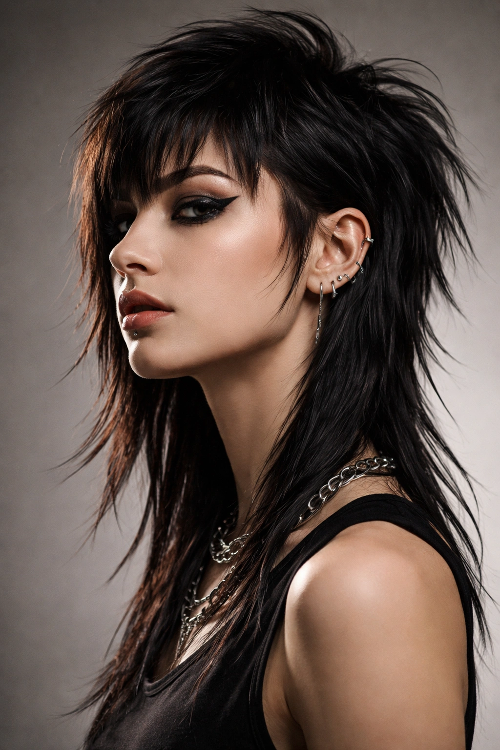 Portrait of a woman with textured mullet and undercut peeking at the nape in studio lighting