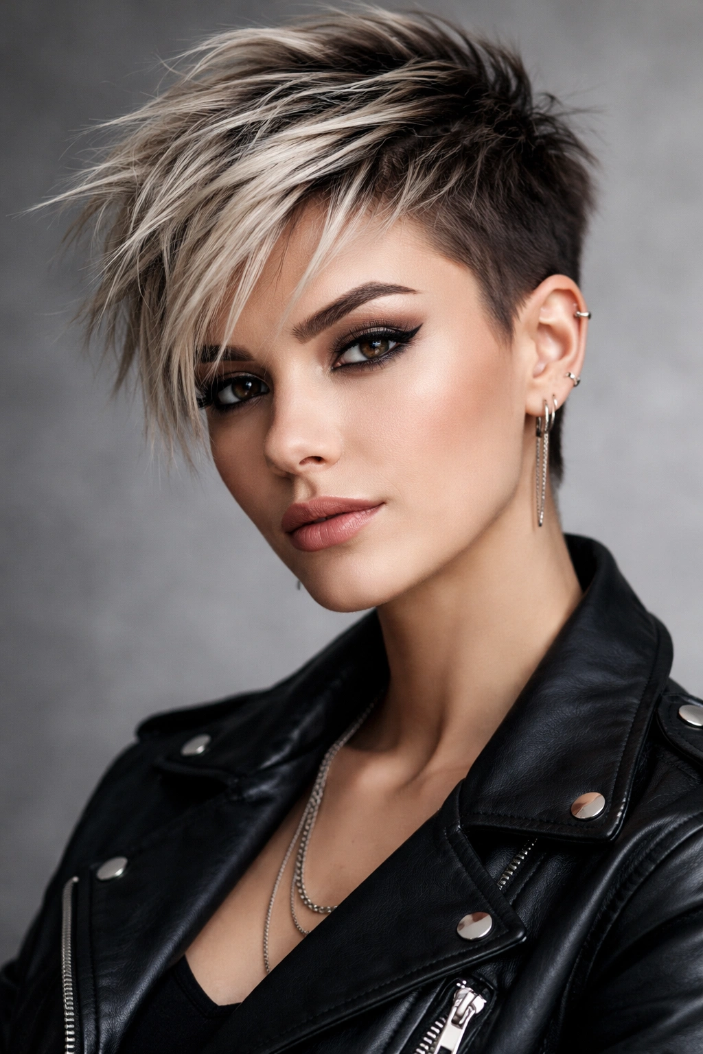 Portrait of a person with an edgy pixie cut in a studio