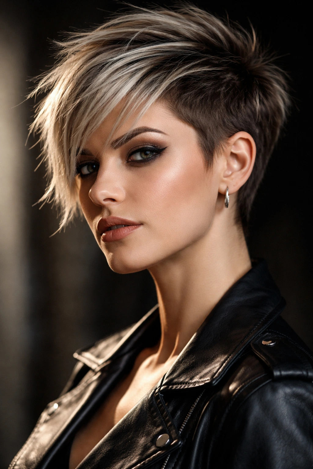 Portrait of a young adult with a square face wearing an edgy pixie with asymmetrical length