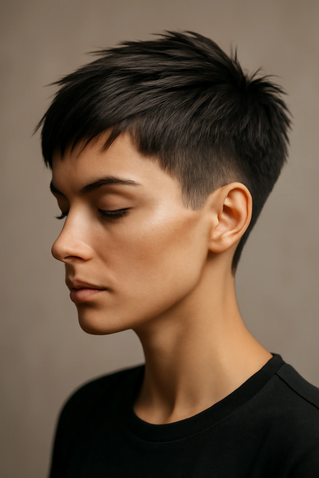12 Edgy Short Haircuts for Women Who Love Bold Hair 13 Close-up portrait of a person with a bold edgy short haircut in a studio setting