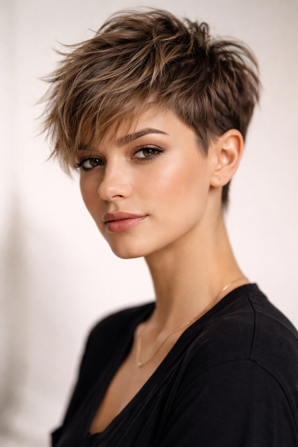 12 Cool Girl Short Haircuts With An Effortless Edge 13 Portrait of a woman with an edgy short haircut in a minimalist studio