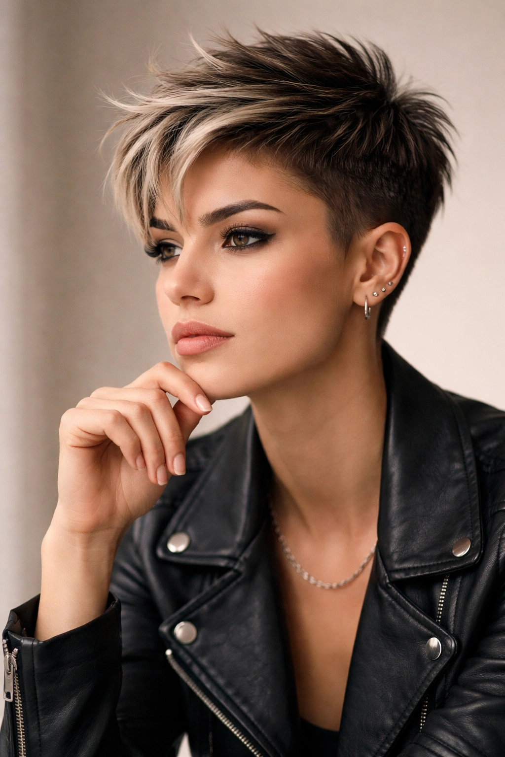 Contemplative portrait of person with edgy short haircut showing confidence.