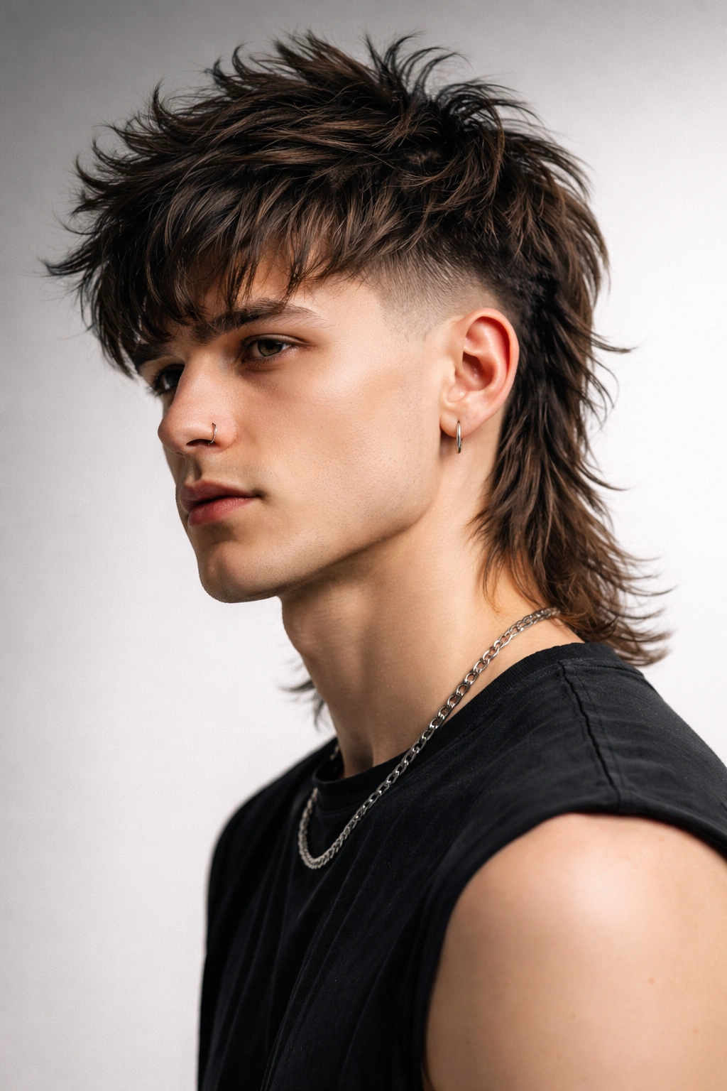Edgy shullet with top layers and sharp side fade