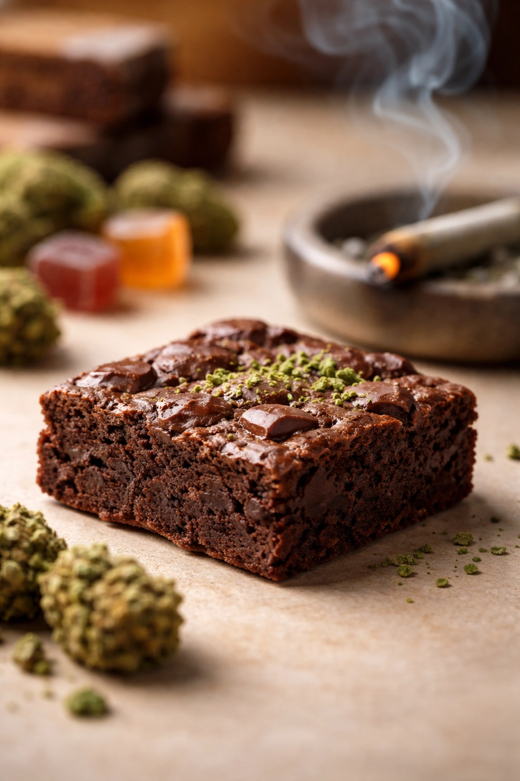 Close-up of a single chocolate brownie on a neutral surface