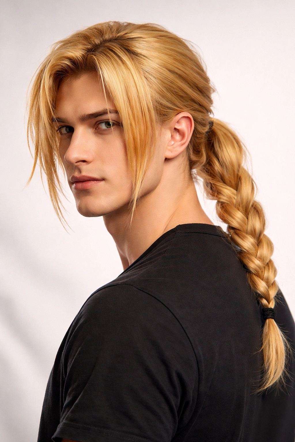 Edward Elric blonde braid hairstyle with low ponytail and face-framing pieces.