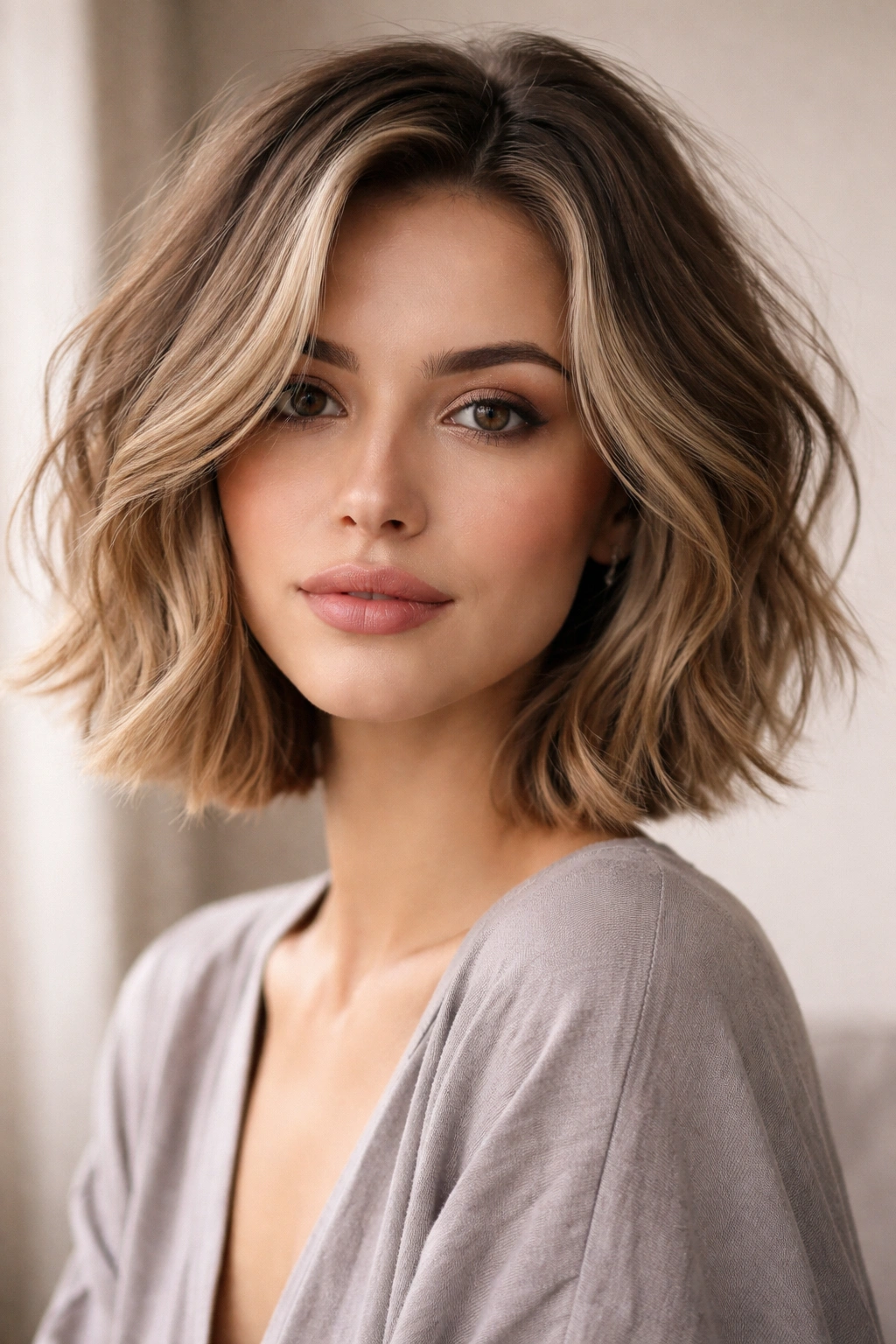 Effortless tousled bob with natural texture and soft waves