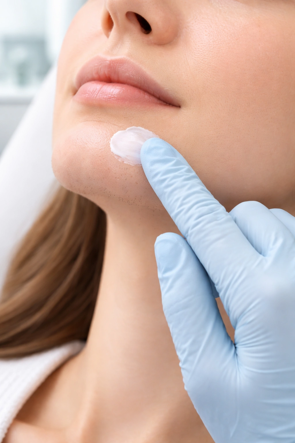 Gloved hand applying cream to chin in clinical setting
