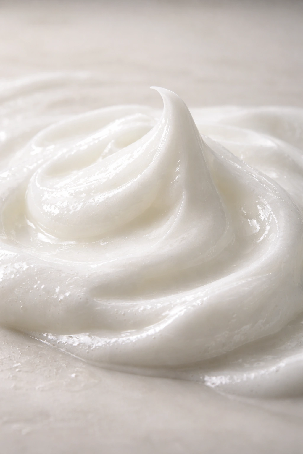 Close-up of glossy beaten egg whites on a neutral surface