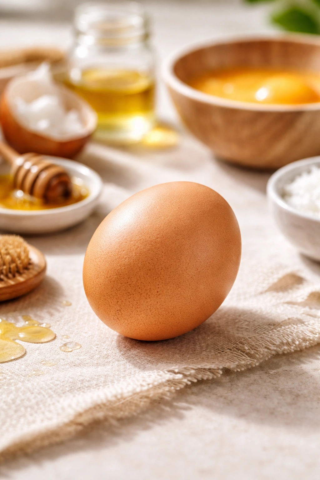 Close-up of a single egg on a neutral background