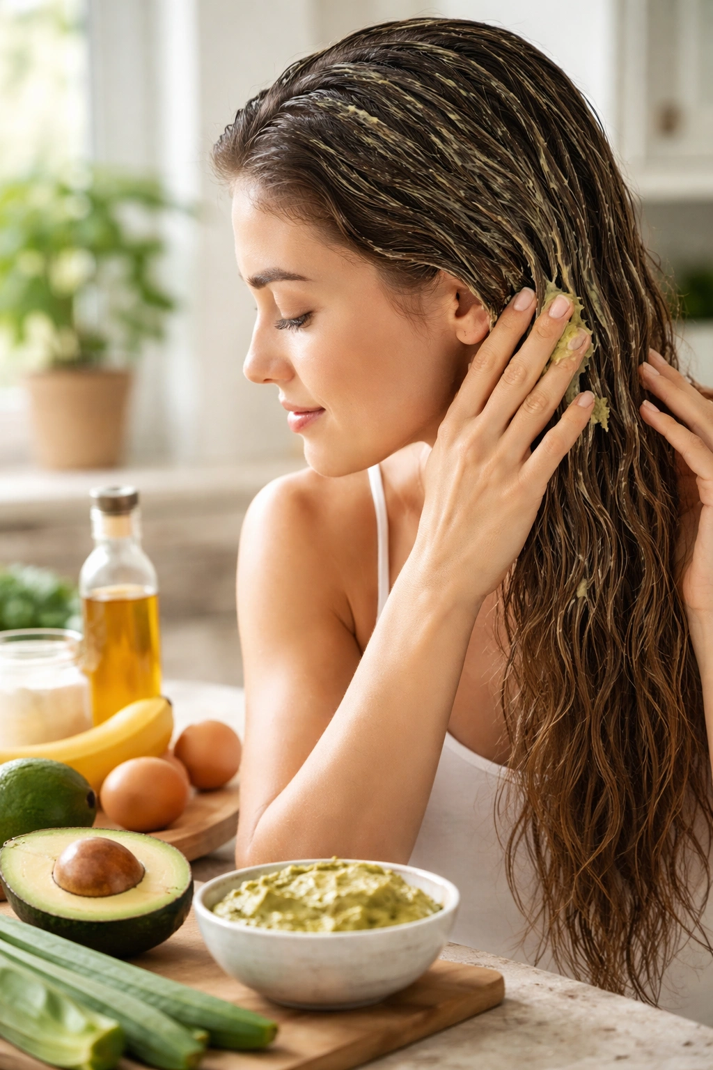Person applying homemade hair mask to damp hair
