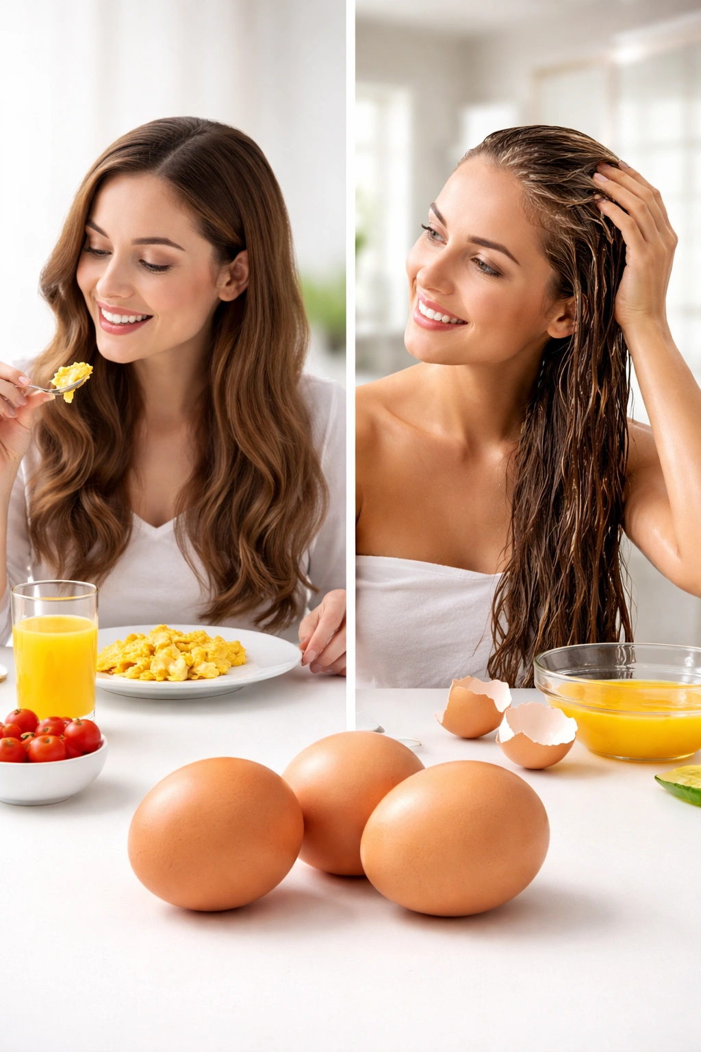 Three fresh eggs on a white background with soft shadows
