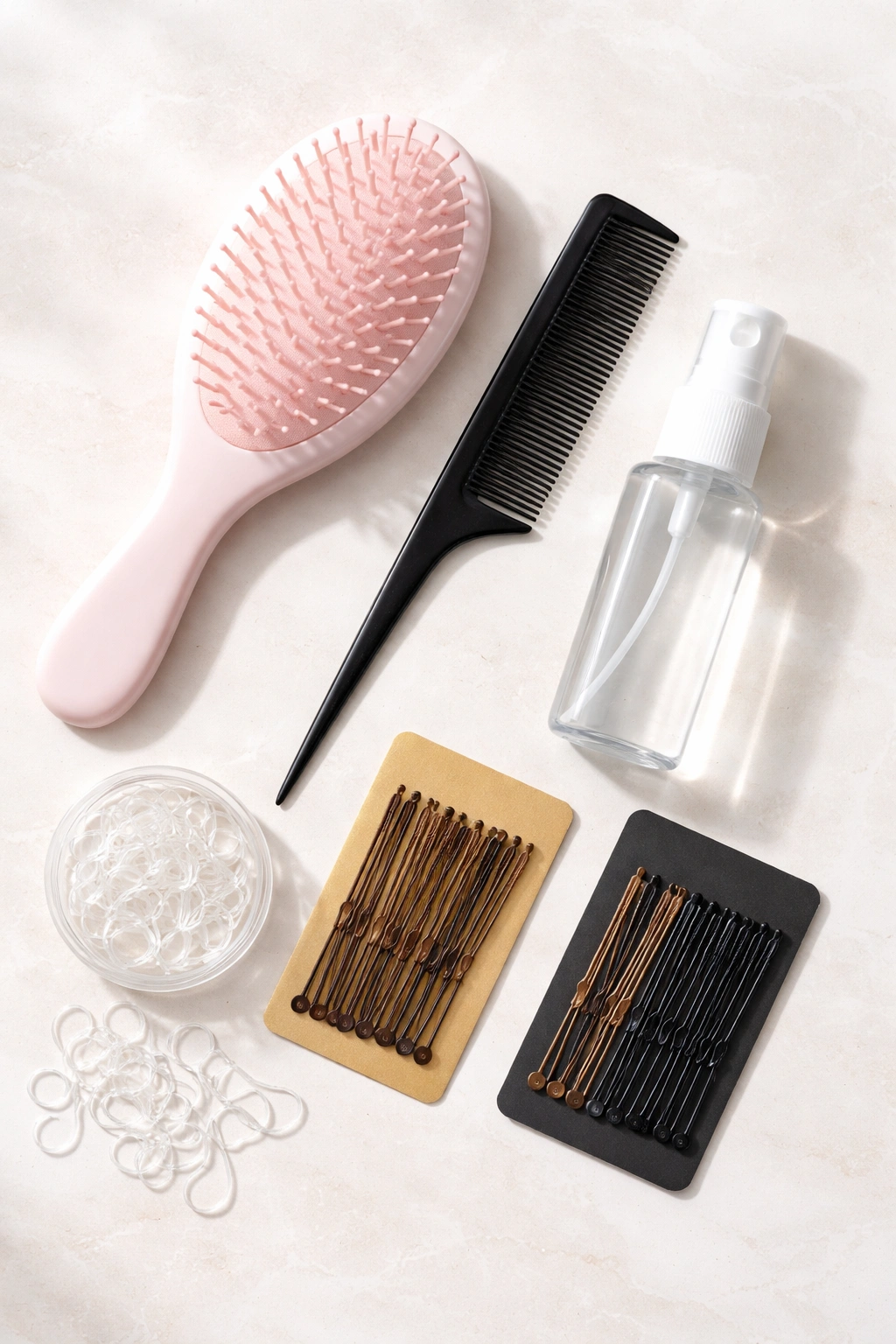 Flat lay of clear elastics, bobby pins, comb, brush, and spray bottle.