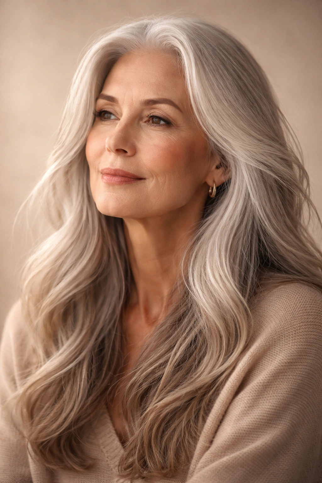 Portrait of an elderly woman with long silver hair in a neutral studio setting, thoughtful expression