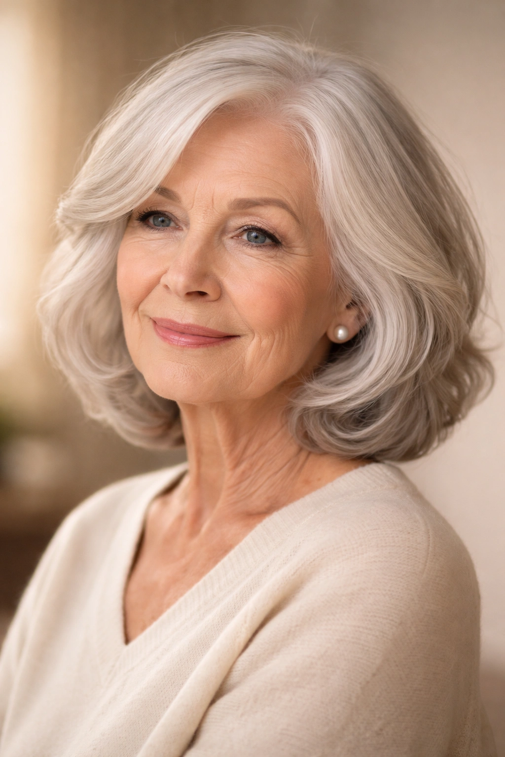 Portrait of an elegant elderly woman with thinning silver hair styled in a soft shoulder-length bob