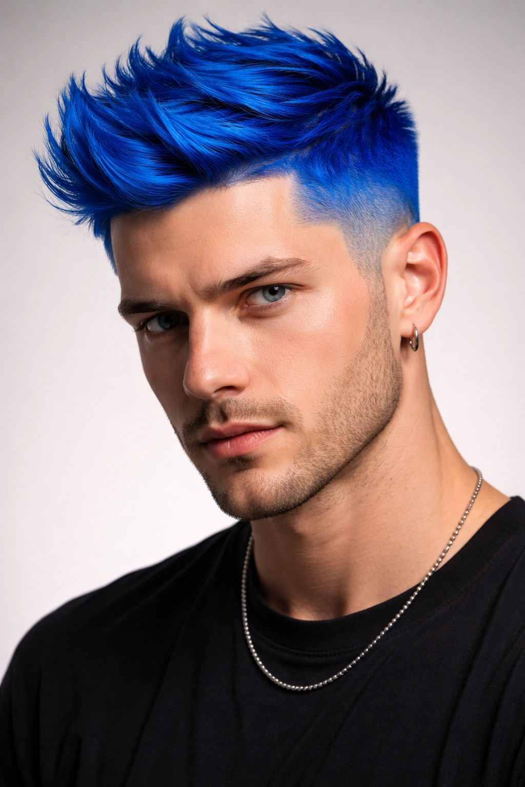 Close-up portrait of a person with full-head electric blue hair covering the scalp