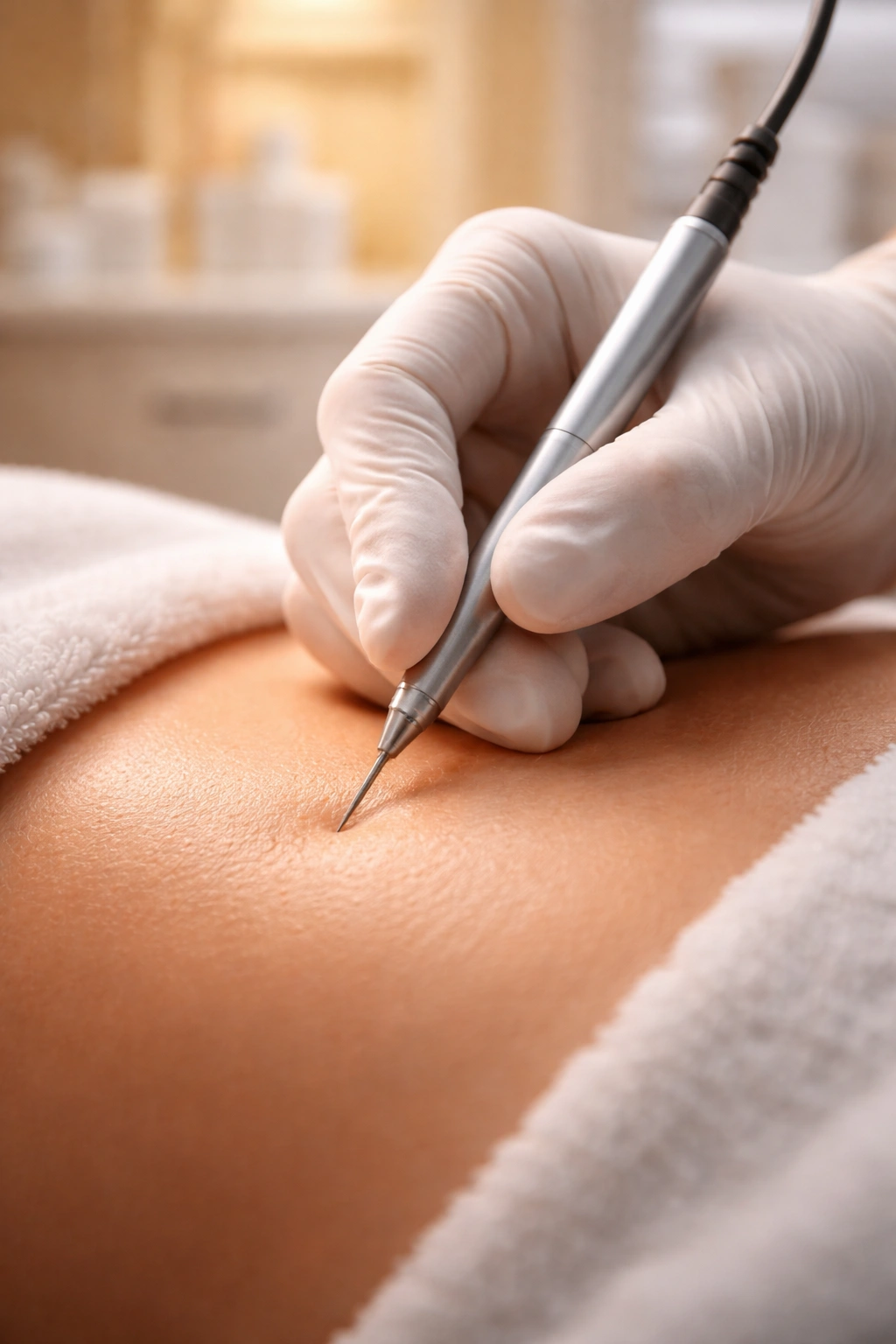 Close-up of gloved hand with electrolysis probe near skin in clinical setting