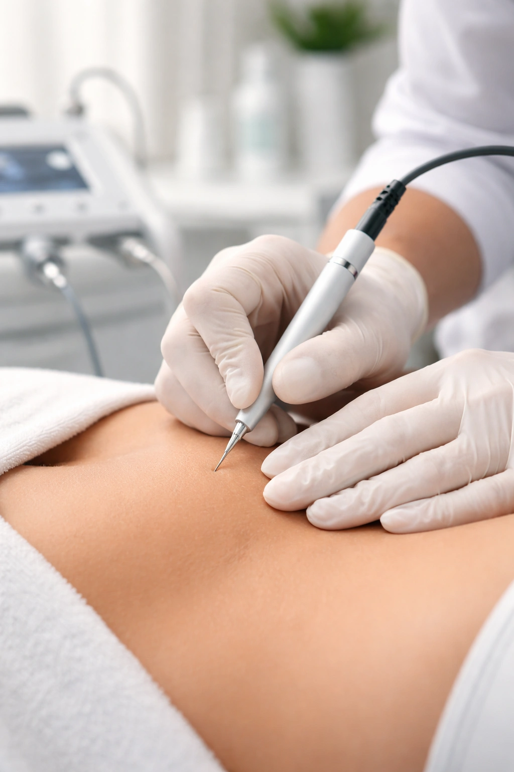 Gloved hands with electrolysis probe near skin in clinic