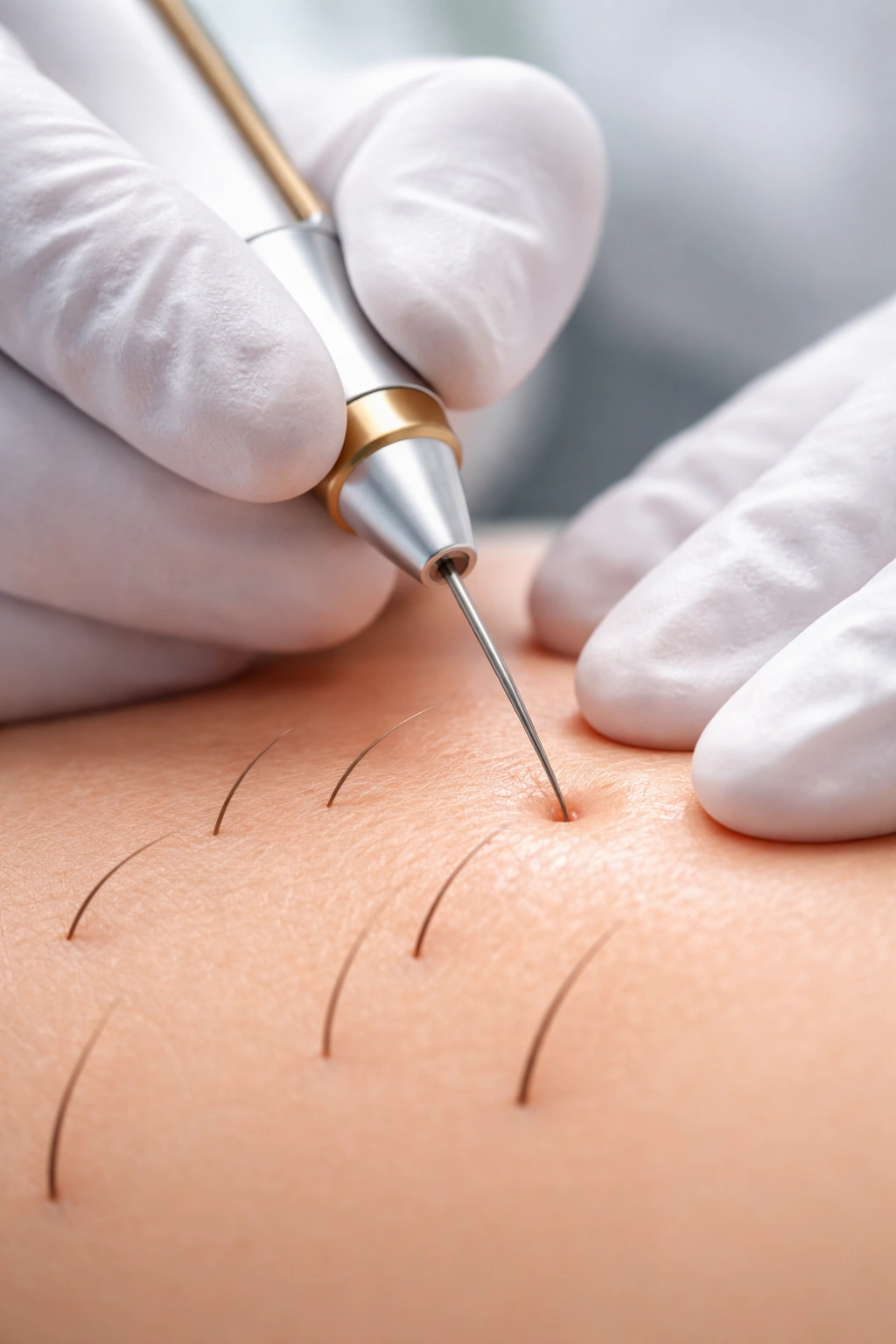 Close-up of electrolysis probe entering a hair follicle in a clinical setting