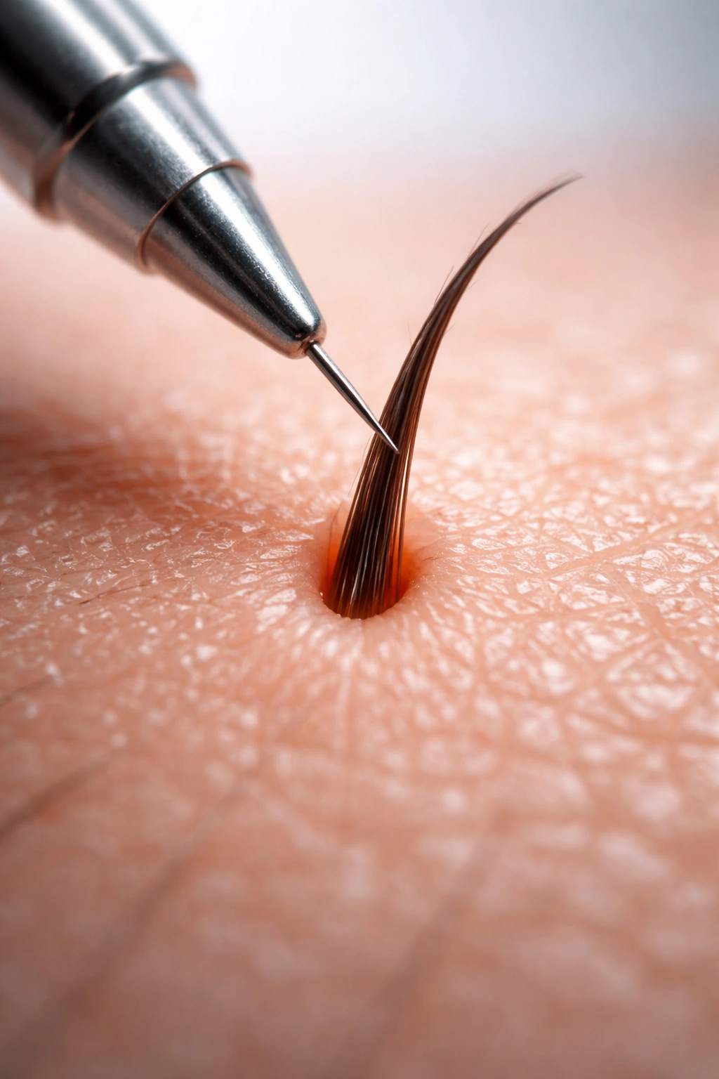Close-up of a hair follicle with a sterile probe near the root
