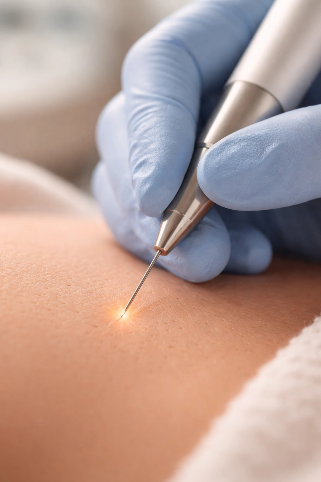 Close-up of electrolysis probe near skin indicating brief heat or pinch sensation