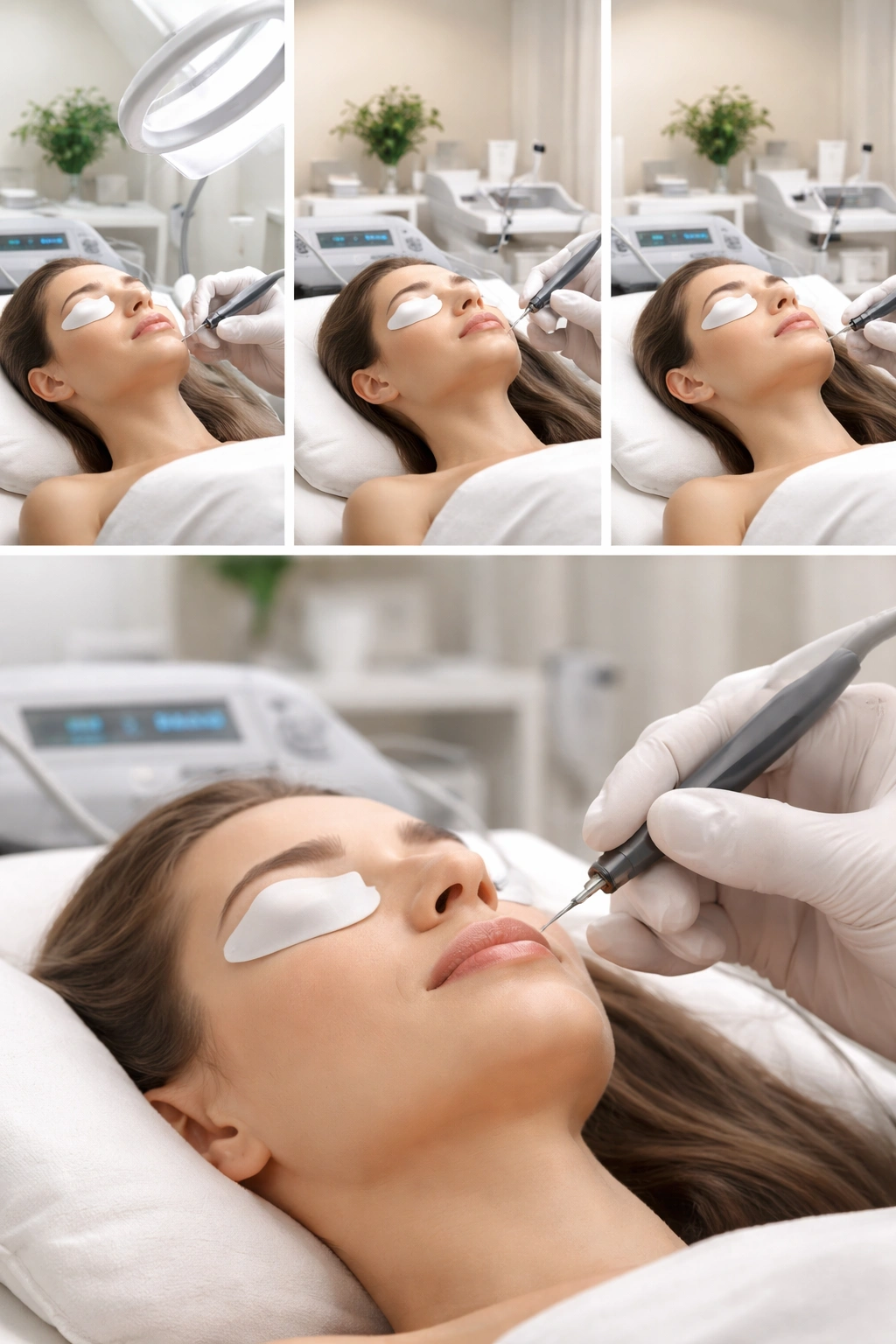 Triptych showing multiple electrolysis sessions in a clinical room