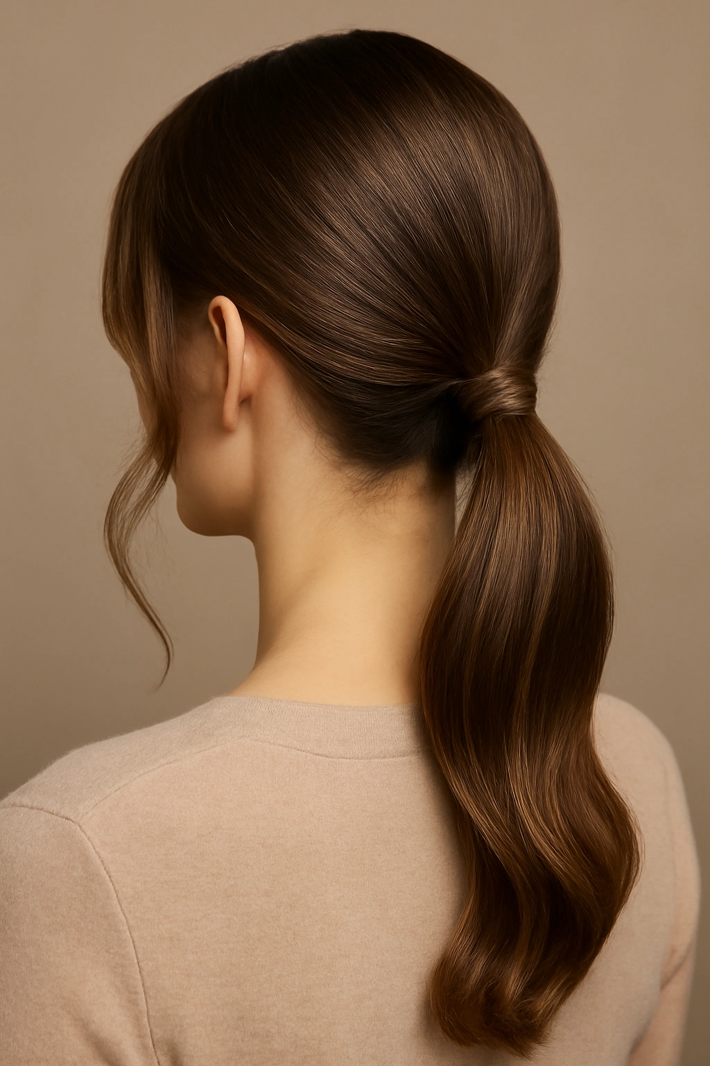Back view of an elegant low ponytail with face-framing pieces