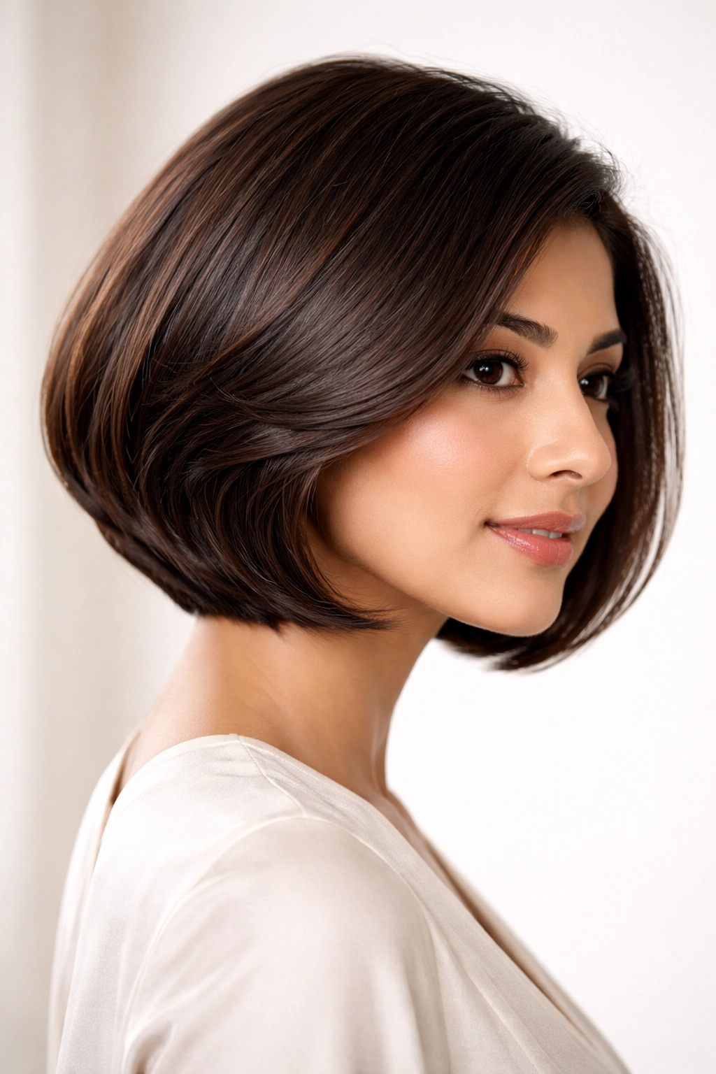 Portrait of a woman with an elegant rounded bob following head curvature.