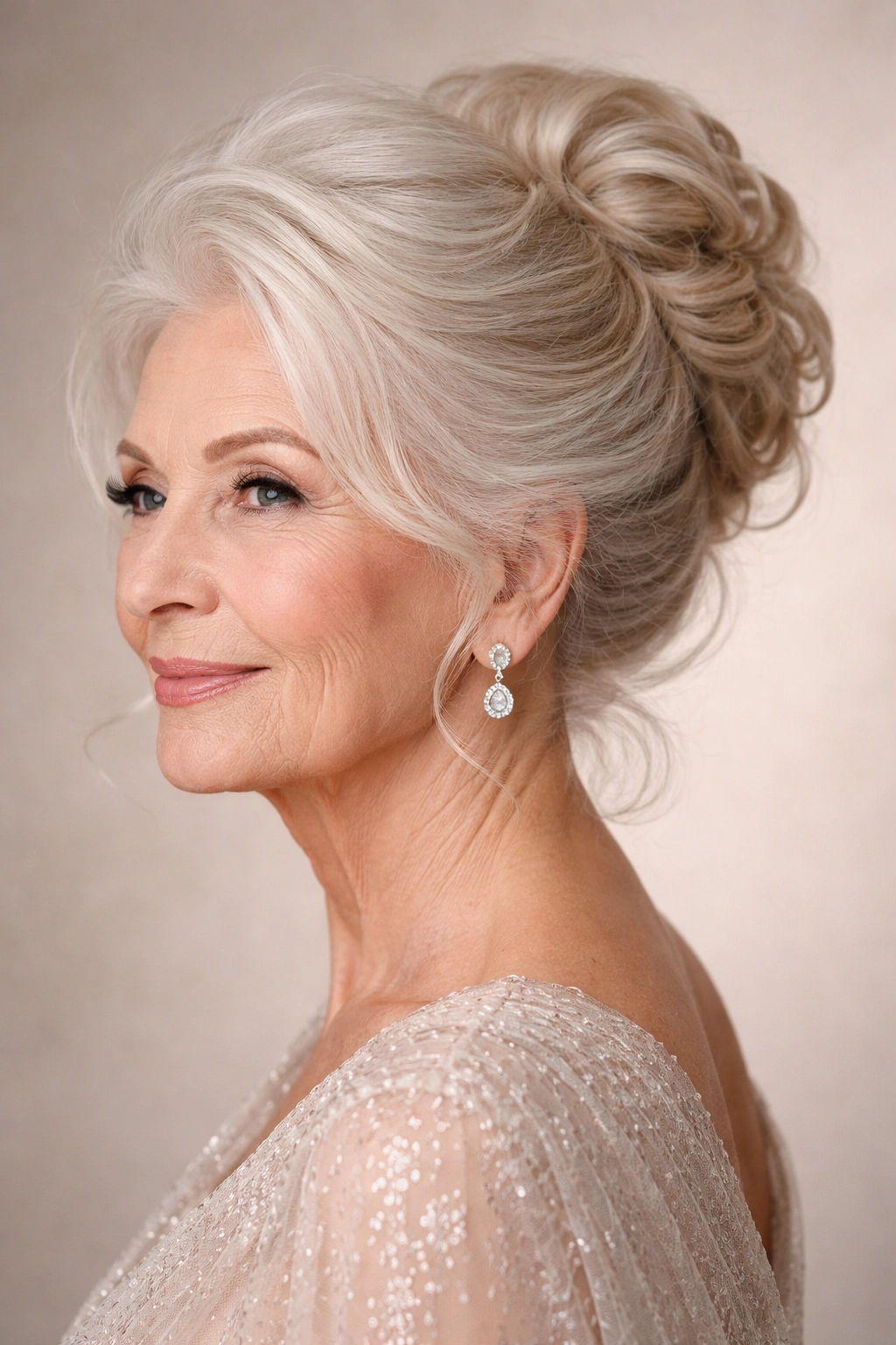 Elderly woman with an elegant soft bun and tendrils framing face.