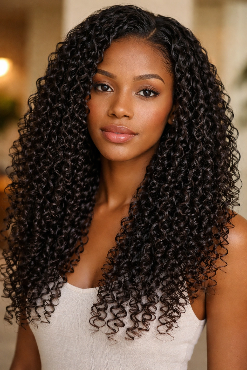 Elongated curls from a wash-and-go with smooth stretch and defined texture.