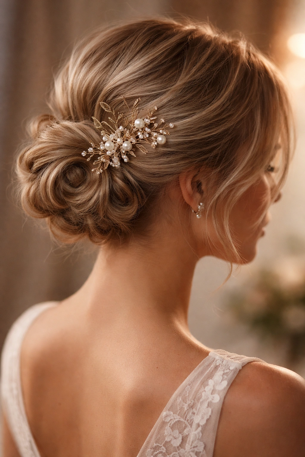 Low, delicate bun on short hair with a decorative accessory.