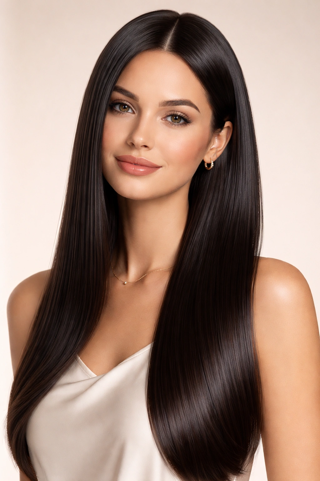 Portrait of a person with sleek Type 1A hair showing a polished look.