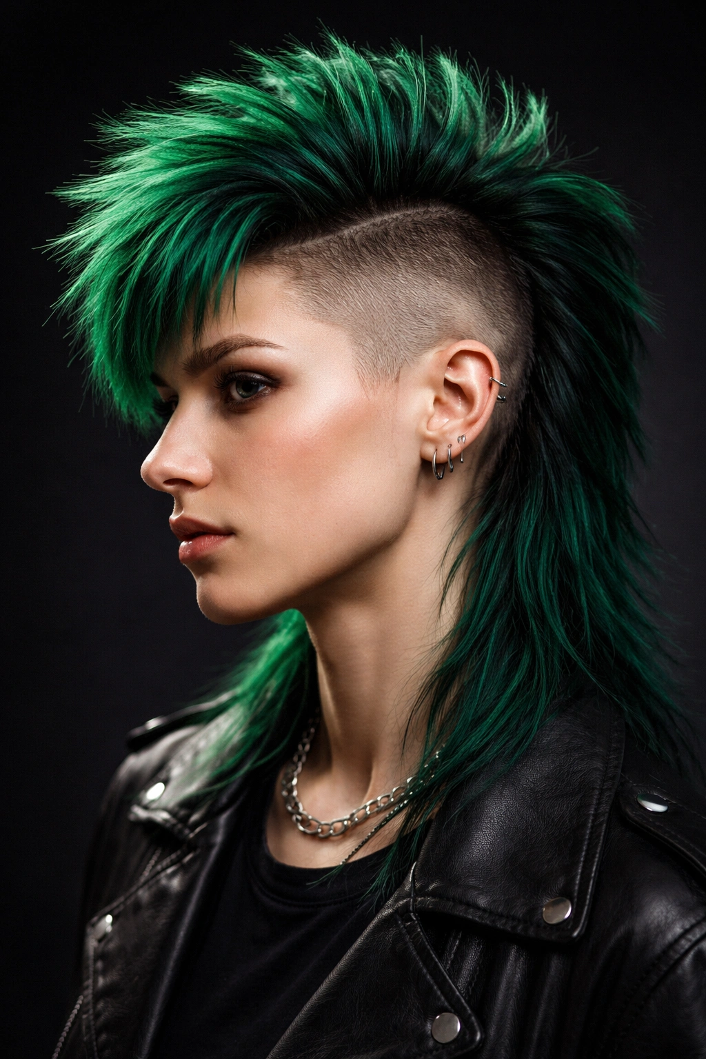 Emerald green mohawk mullet with undercut sides