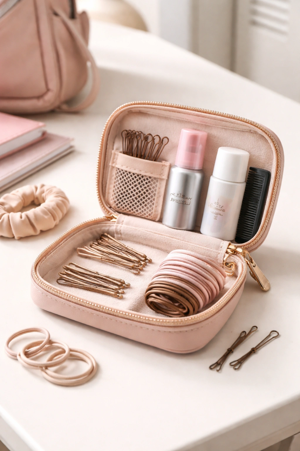 Open hair kit with pins spray and elastics for quick school-day touch-ups
