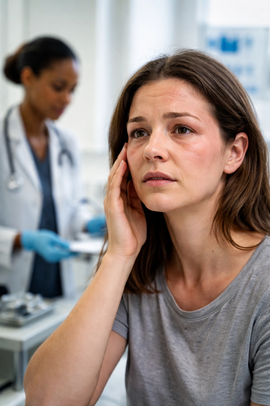 Patient with facial swelling in a clinical setting seeking care