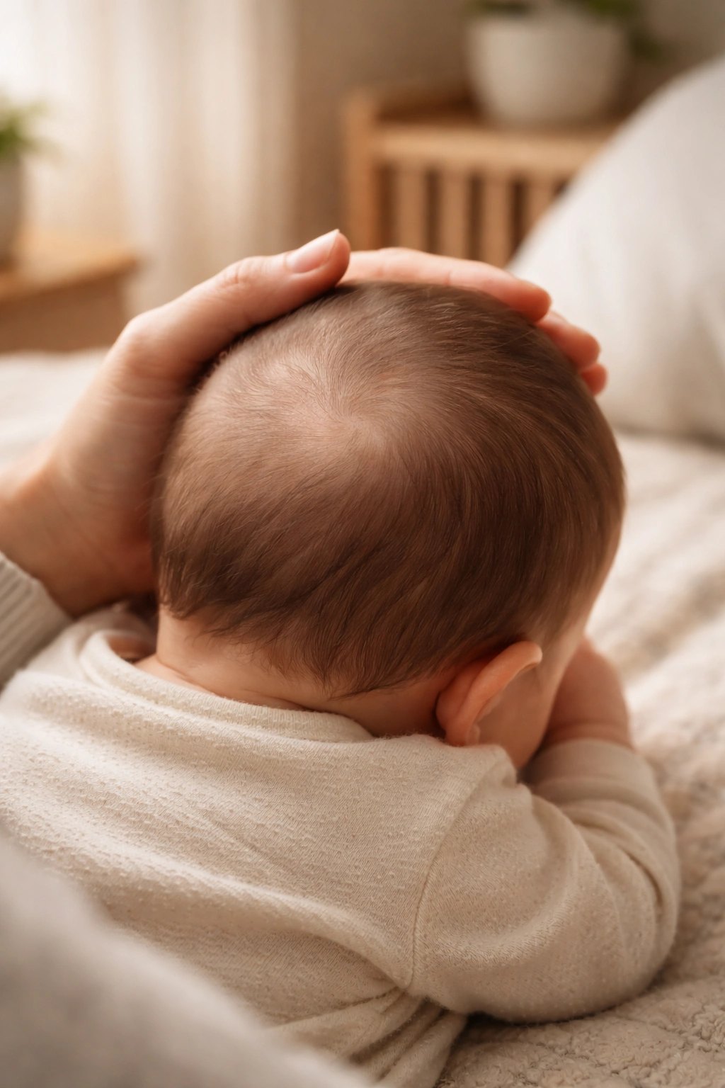Parent gently touching baby's bald patch with a calm background