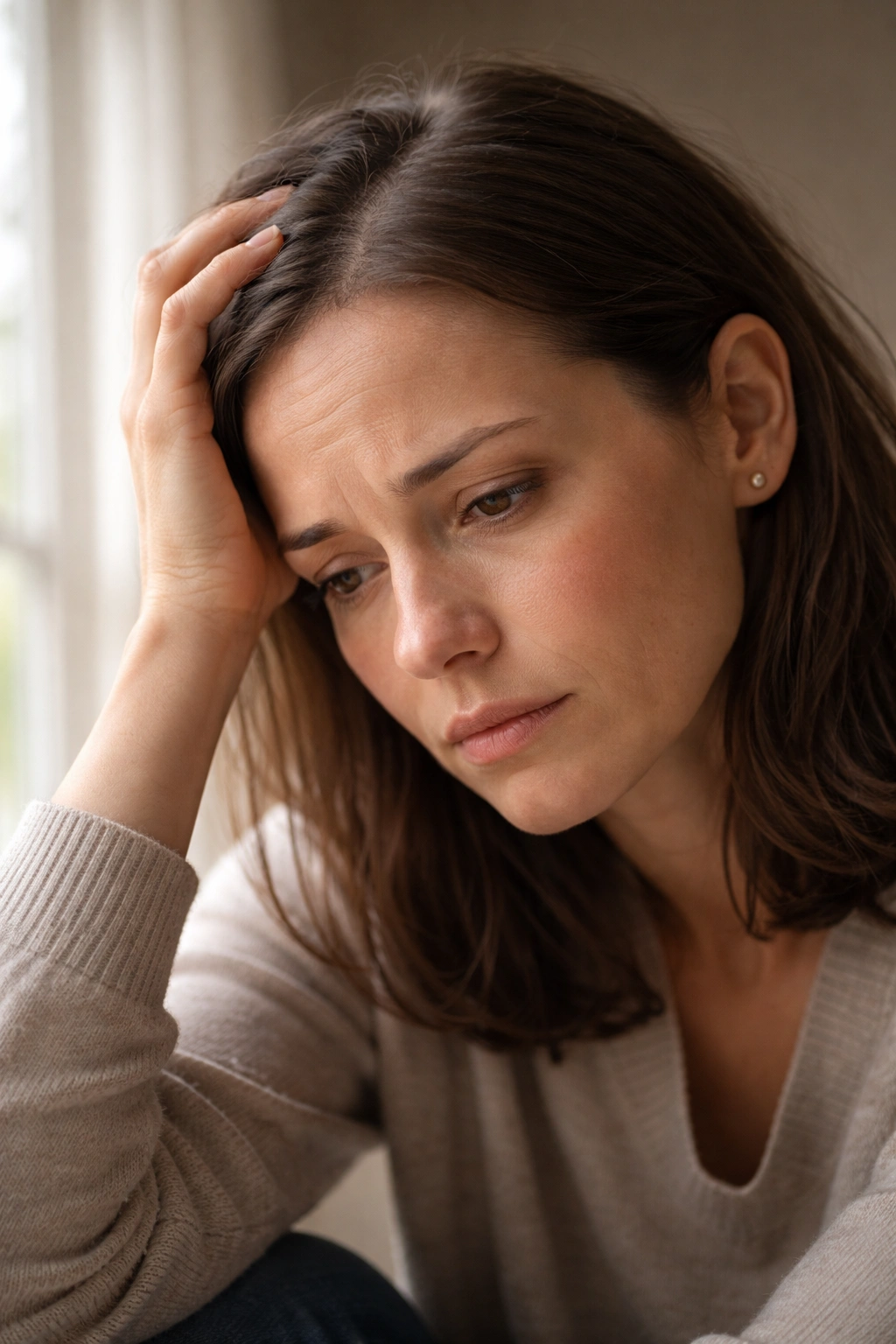Portrait expressing sadness and contemplation related to hair loss.