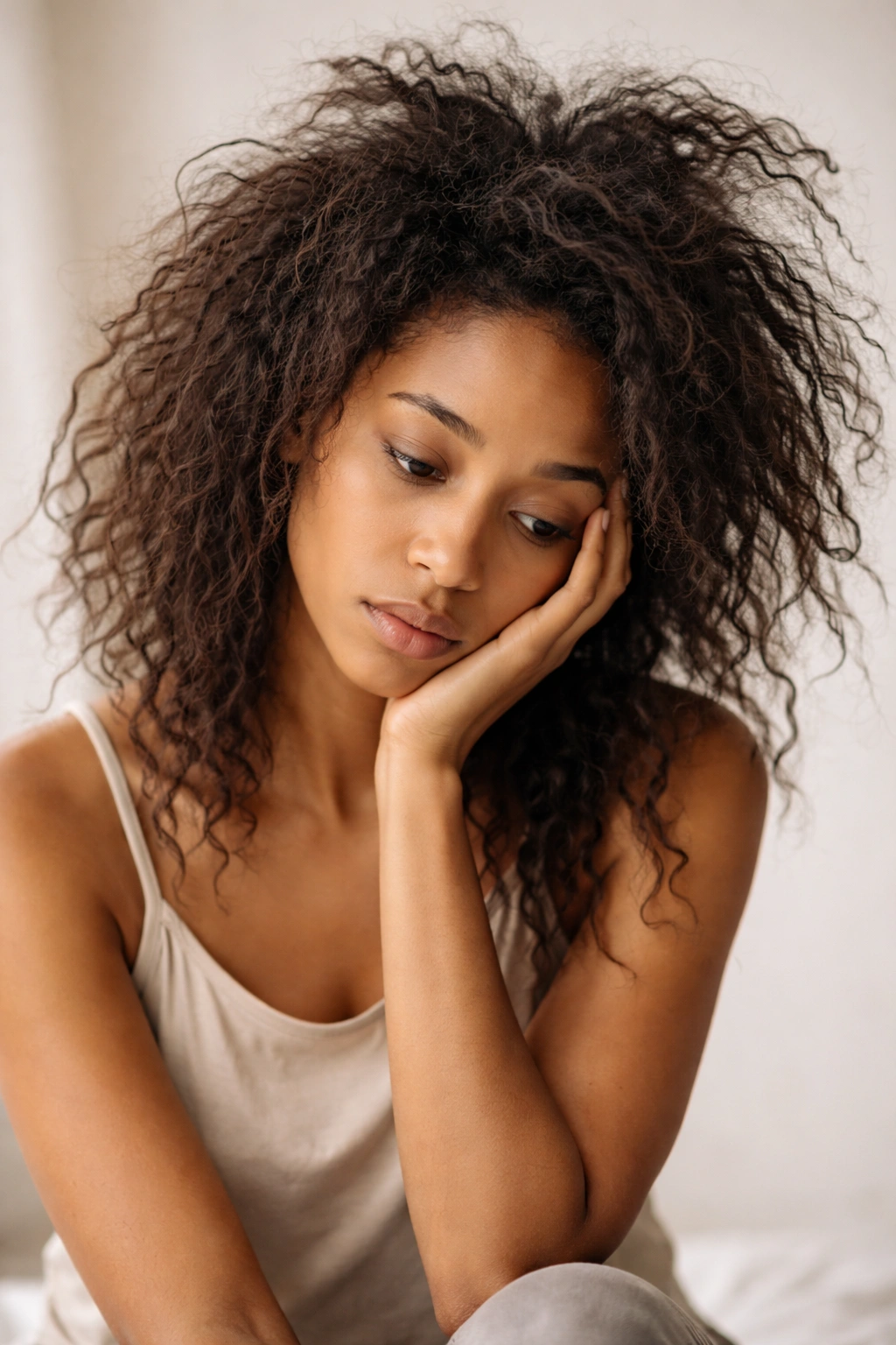 Person with contemplative expression showing emotional impact of matted hair