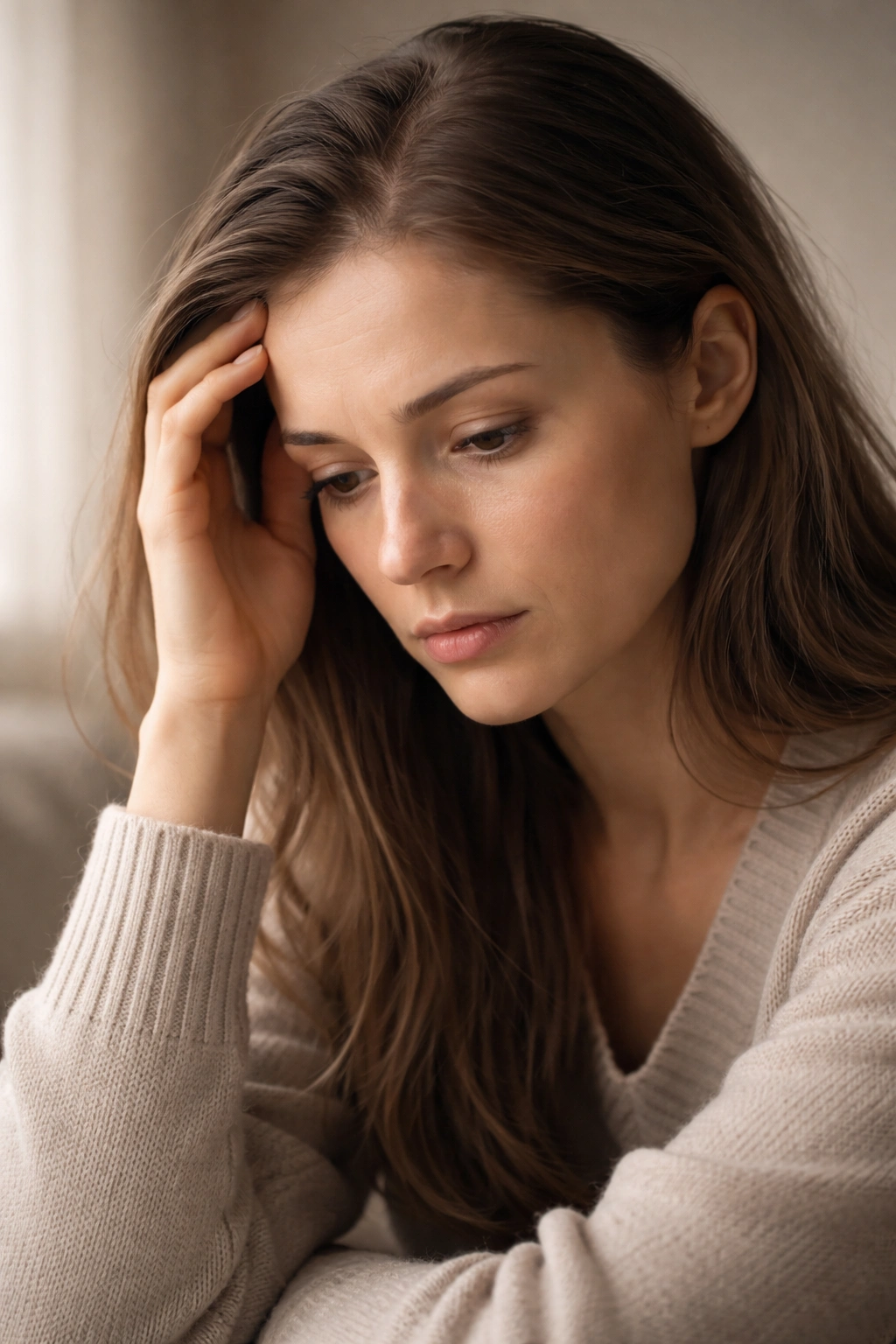 Portrait of a person expressing contemplative emotion related to hair loss