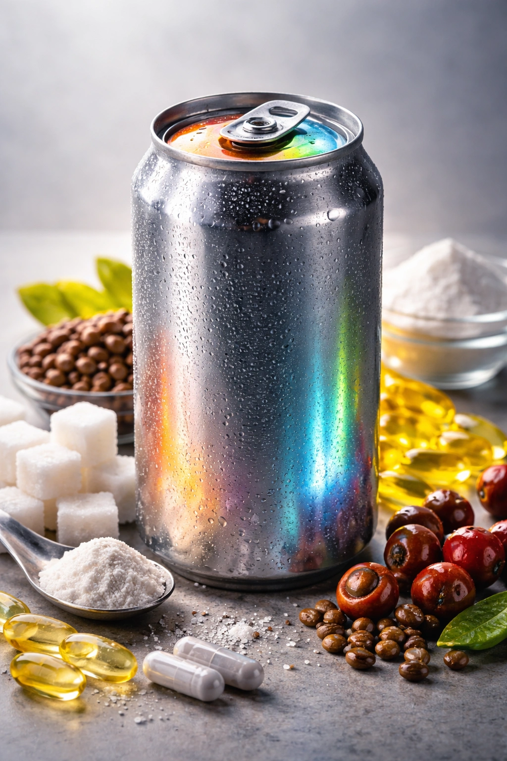 Close-up of an unbranded energy drink can on a neutral background