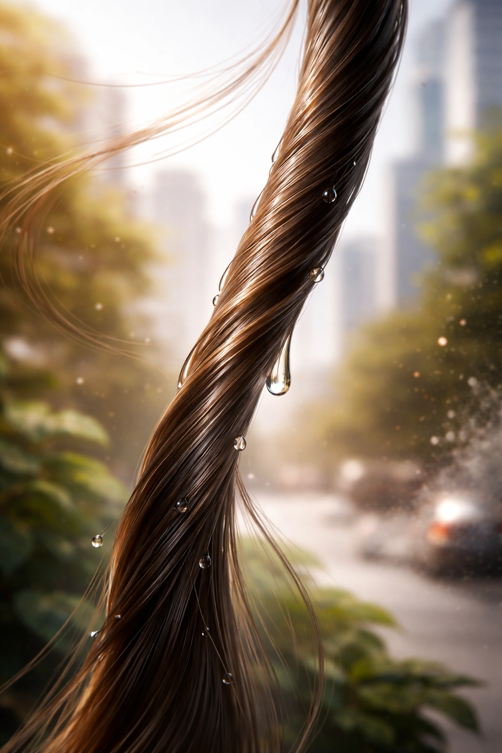 Hair strand with abstract background suggesting environment impact
