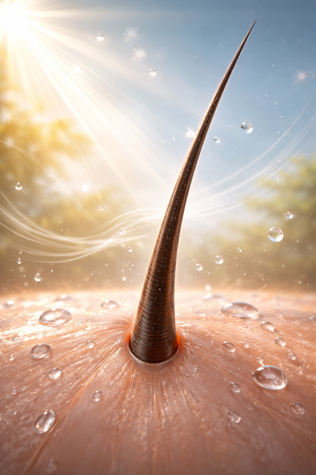 Hair strand with environmental cues like sun, wind, and moisture illustrating environmental influence on hair.
