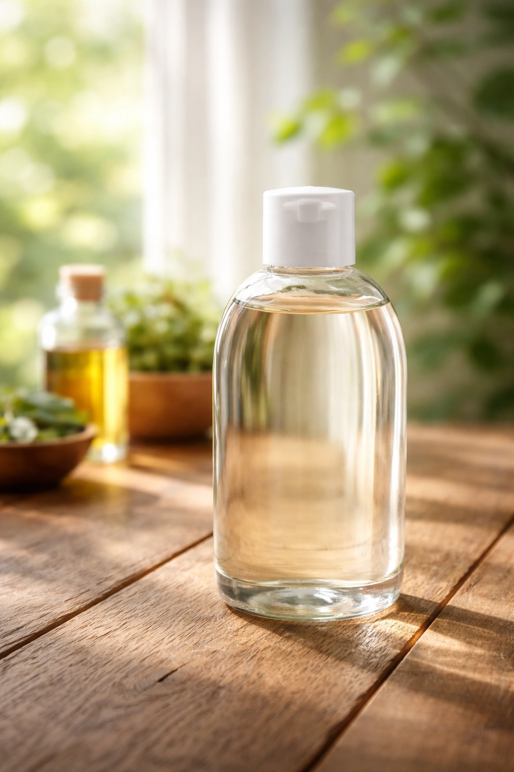 Glass oil bottle on wooden surface with a green plant in the background