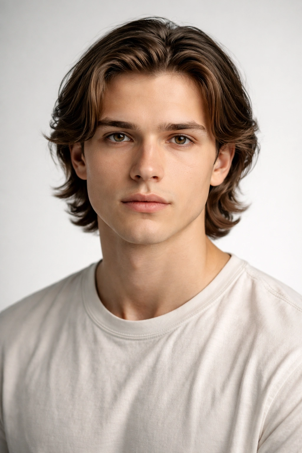 Young man with jaw-length haircut tucked behind ears in a studio
