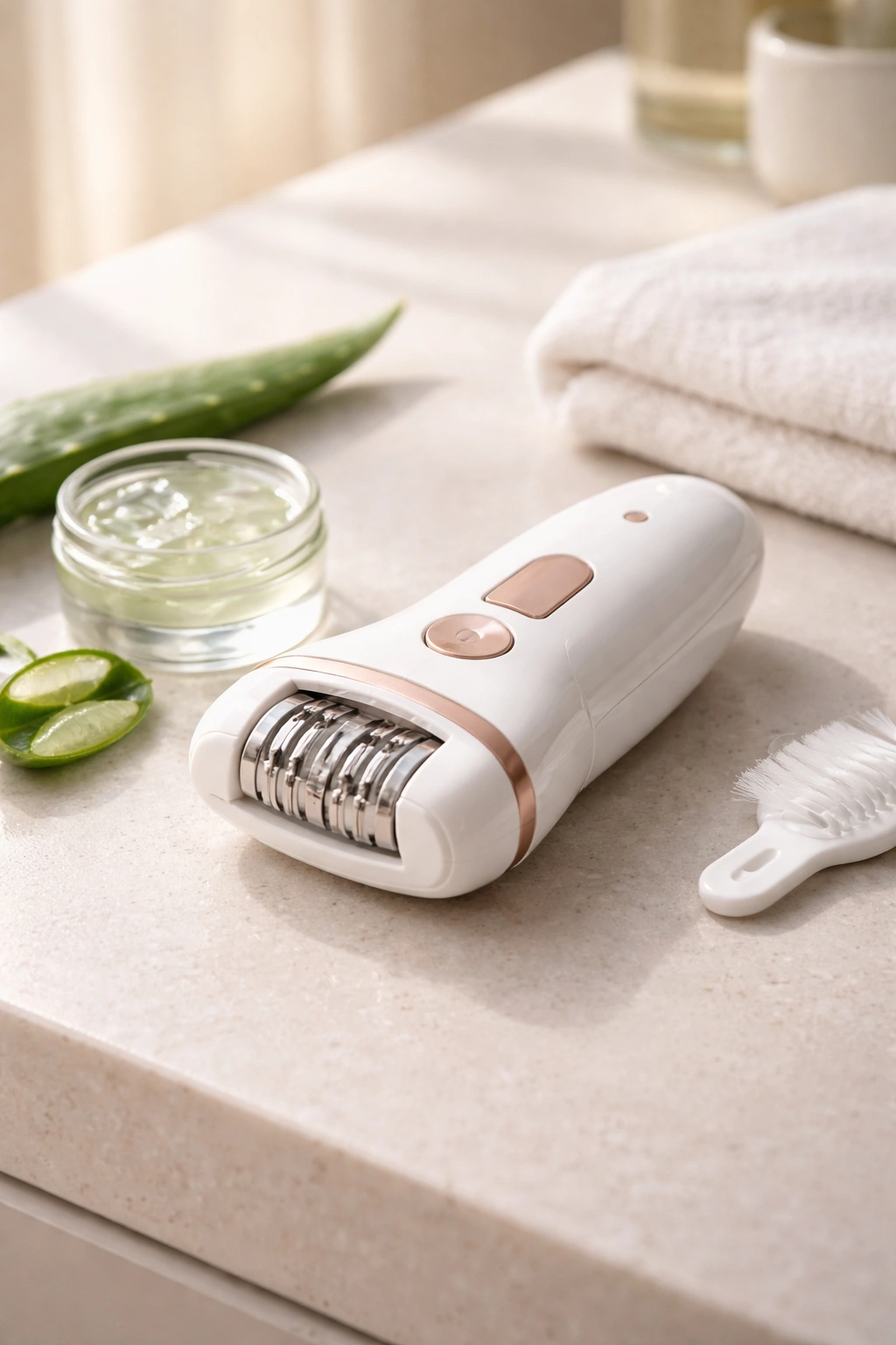 Epilator on a clean bathroom counter for aftercare and cleaning